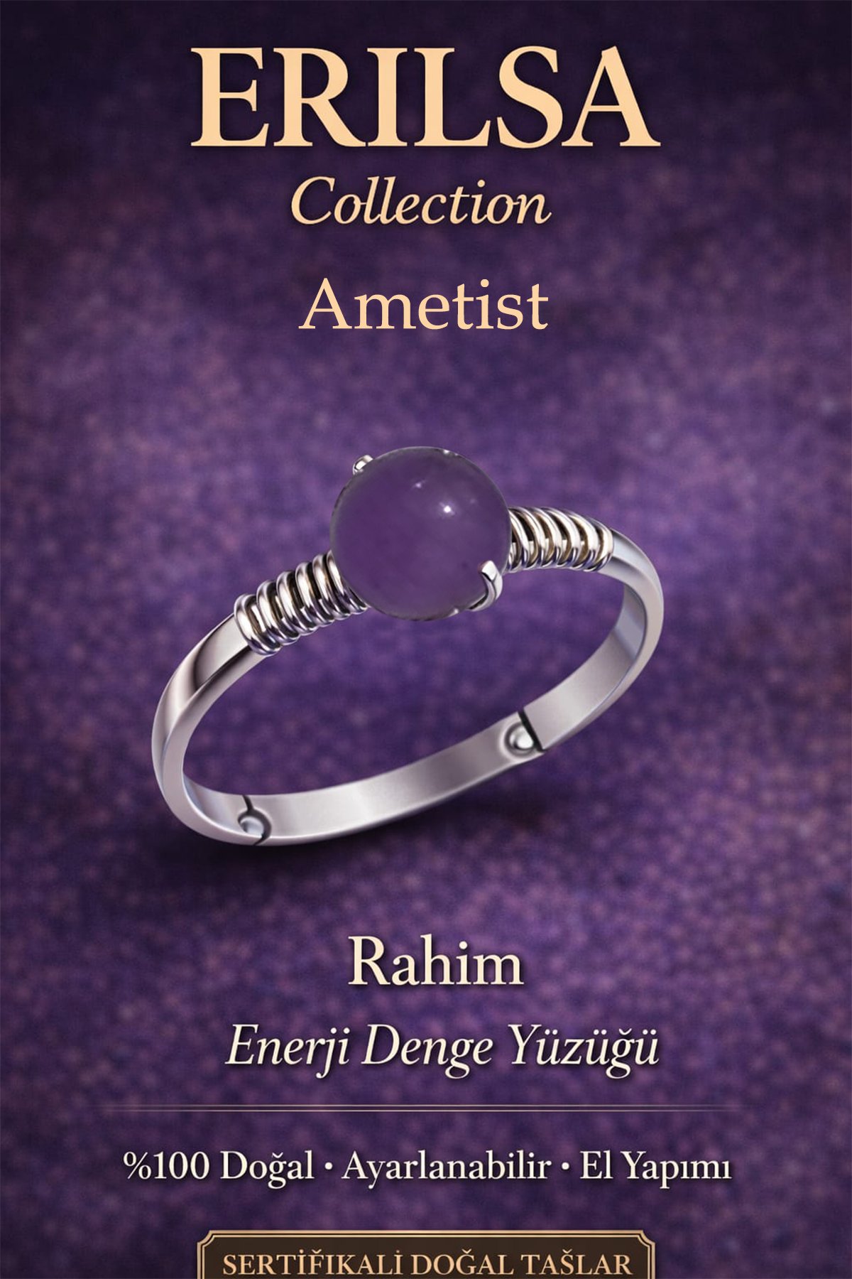 Sertifikalı Rahim Enerji Denge Yüzüğü – Ametist Taşı Ayarlanabilir İnce Kasa Balık Yengeç Terazi