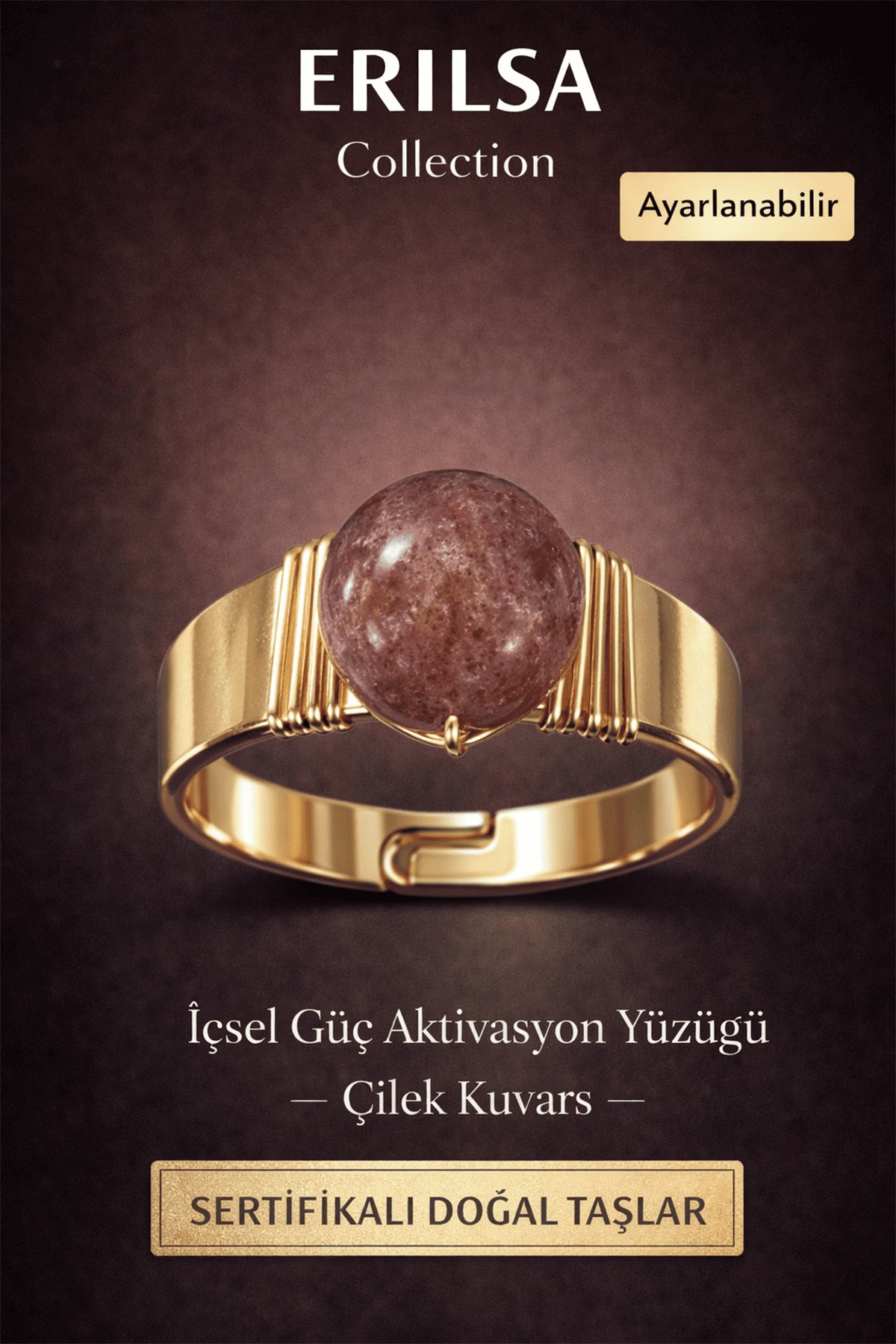 Sertifikalı İçsel Güç Aktivasyon Yüzüğü – Çilek Kuvars Doğal Taş – Ayarlanabilir