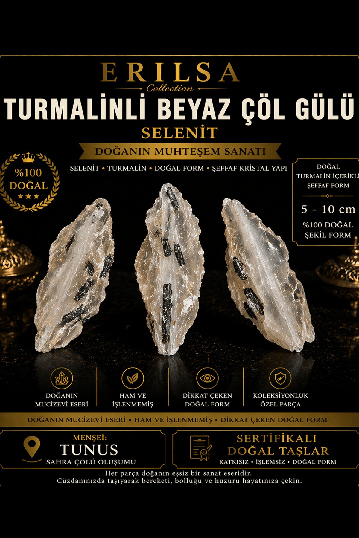 Sertifikalı Turmalinli Beyaz Çöl Gülü Selenit Taşı Kütle - 5-10 cm Doğal Ham Kristal Nadir Parça