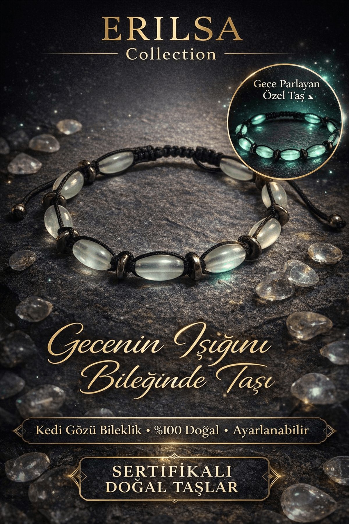 Sertifikalı Kedi Gözü Bileklik - 10mm Arpa Kesim Fosforlu Gece Parlayan Akrilik Kehribar Makrome