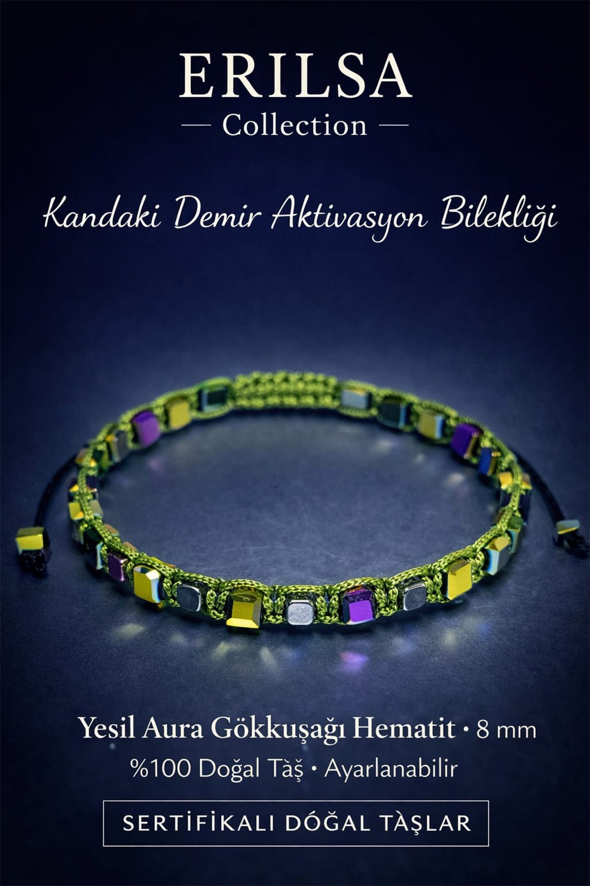 Sertifikalı Kandaki Demir Eksikliği Aktivasyon Bilekliği – Yeşil Aura Gökkuşağı Hematit Taşı