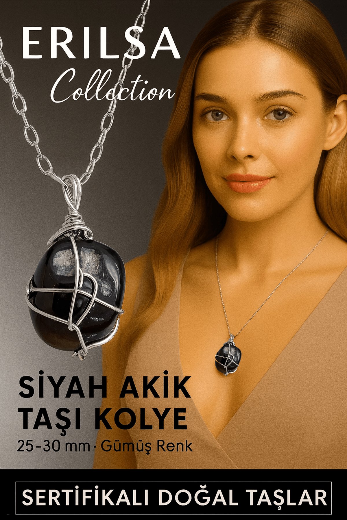 Sertifikalı Gümüş Tel Sargılı Doğal Siyah Akik Taşı Kolye – 25-30 mm Koruma ve Güç Taşı