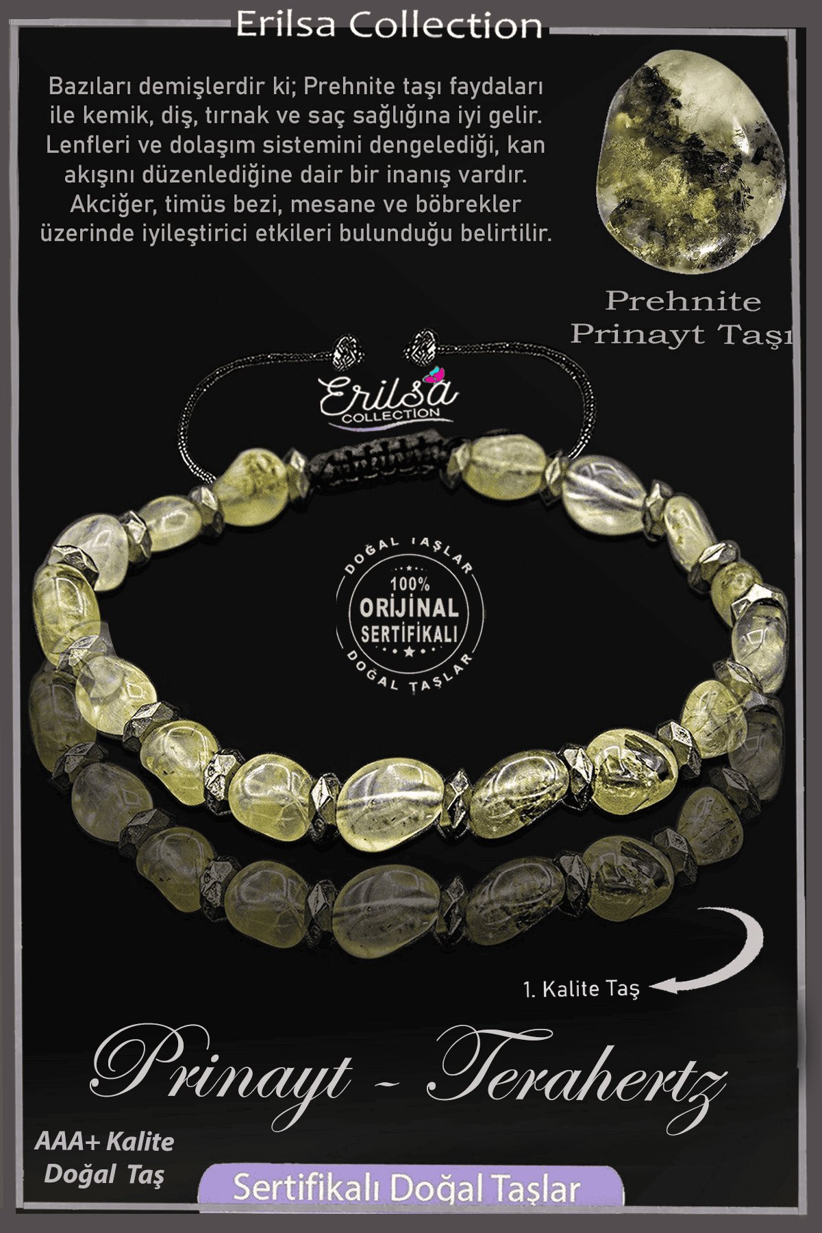 Sertifikalı Amorf Model AAA+ Terahertz - Prinayt Taşı Bileklik (Prehnite Taşı)