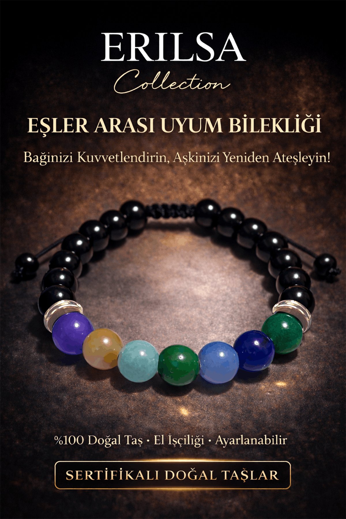 Sertifikalı Eşler Arası Uyum Artırma Bilekliği - Ametist Akuamarin Kuvars Akik Yeşim Angelit Taşı