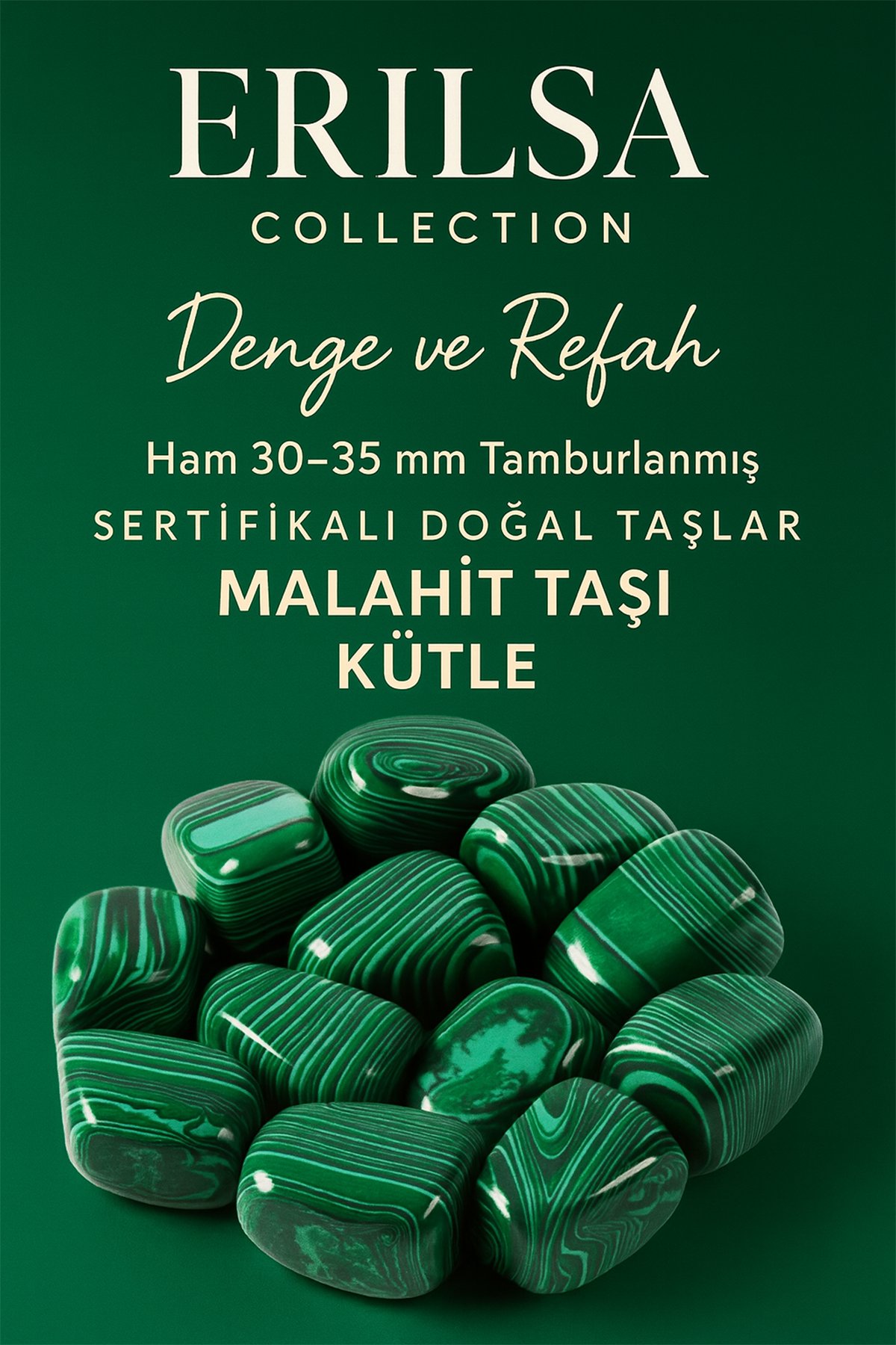 Sertifikalı Doğal Malahit Taşı Kütle 30-35 mm – Denge ve Refah Kristali El Taşı