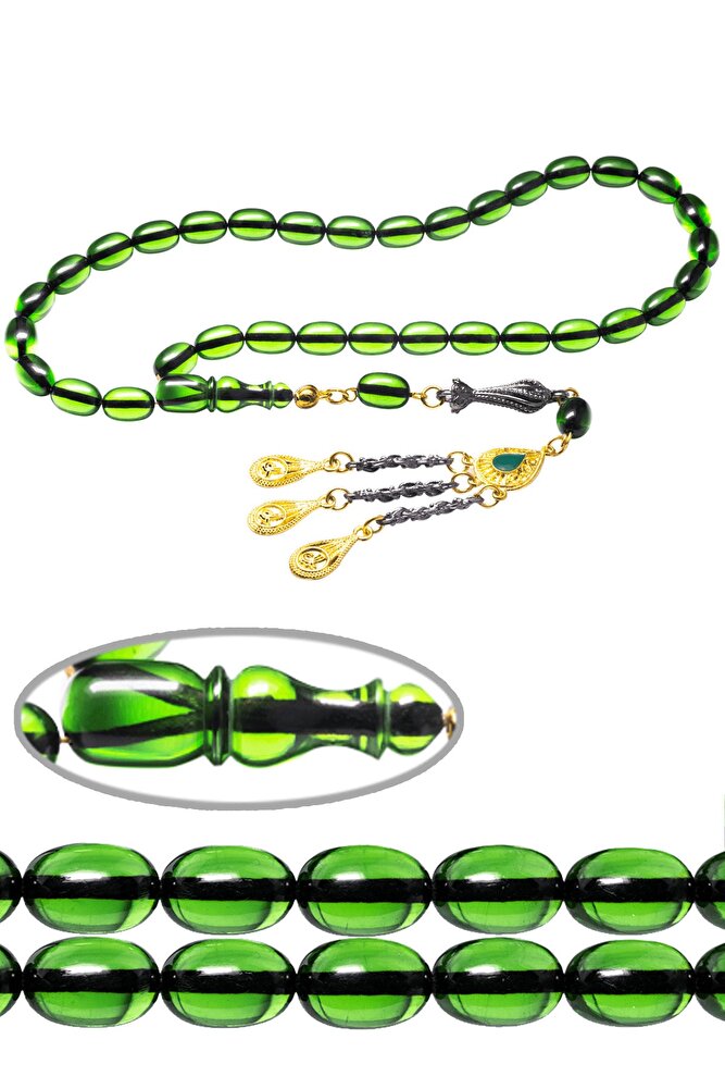 Sertifikalı Yeşil Şeffaf Renkli Ateş Kehribar Tesbih