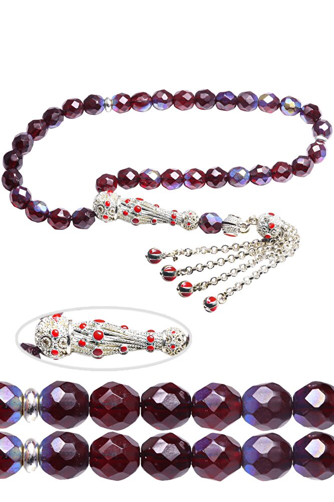 Sertifikalı Beyaz Mineli Telkari Püsküllü Bordo Kuvars Taşı Tesbih