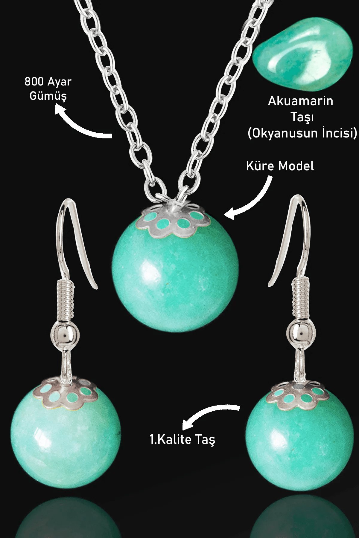 Sertifikalı Küre Model Akuamarin Taşı Kolye ve Küpe Seti - Gümüş Aparatlı