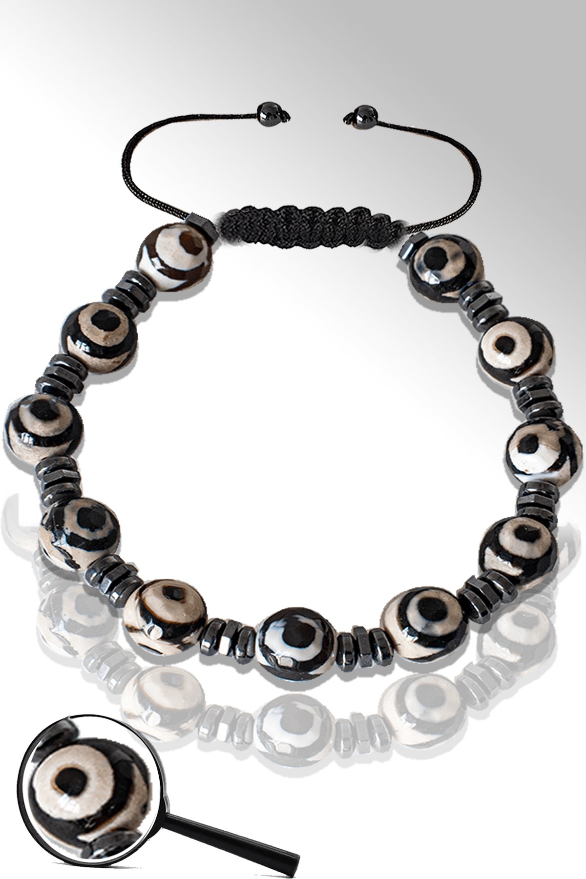 Sertifikalı Hematitli Siyah Beyaz Tibet Akik Taşı Bileklik - Göz Akiği