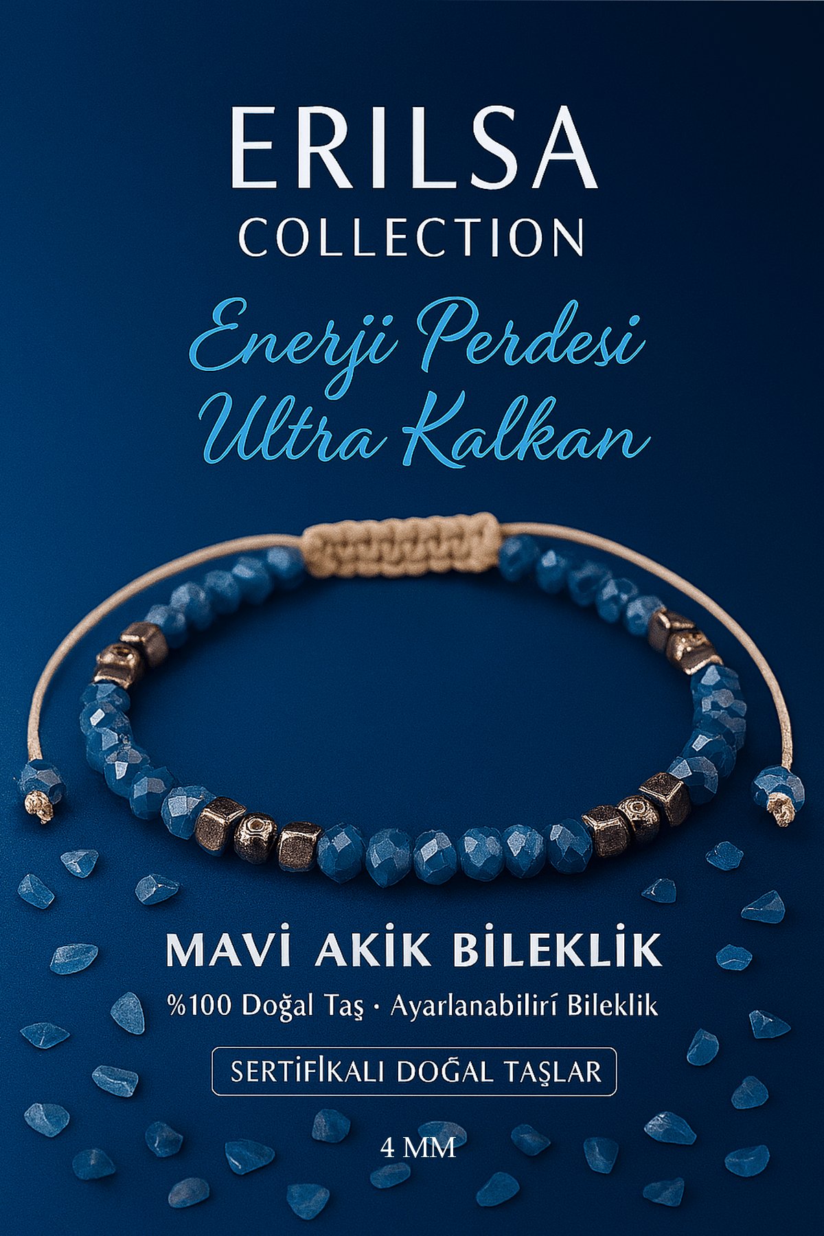 Sertifikalı Enerji Perdesi Ultra Kalkan Bilekliği - Mavi Akik Terahertz Doğal Taş 4 mm