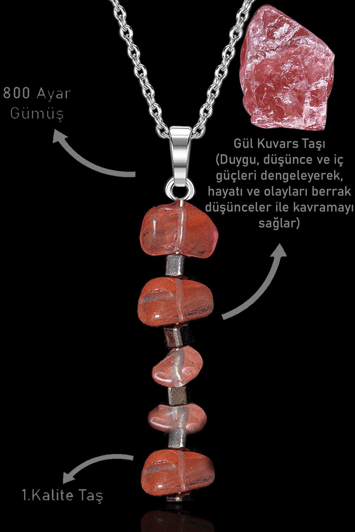 Sertifikalı Kırık Taşlı Model Rose Kuvars Taşı Kolye