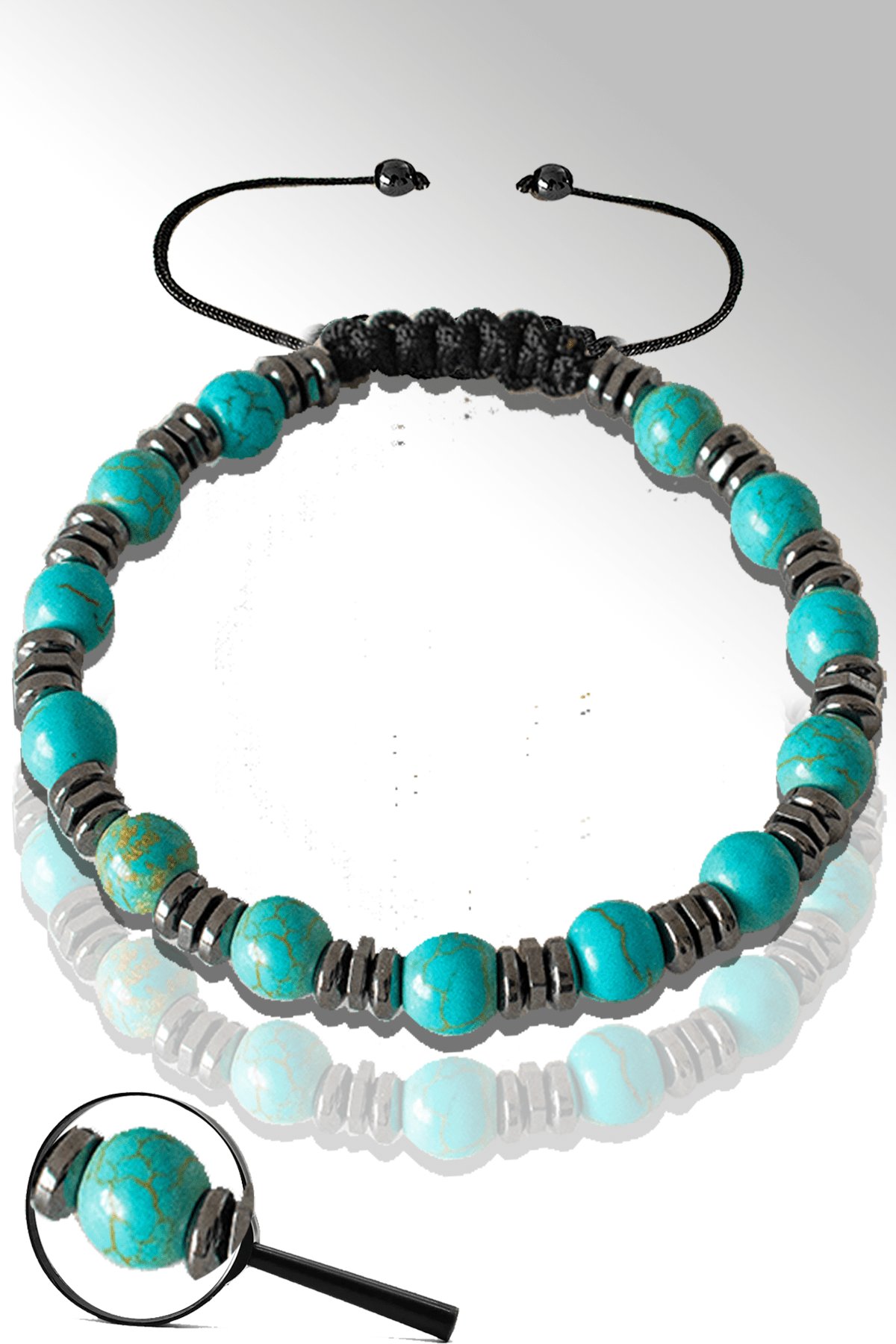 Sertifikalı Hematitli 6mm Doğal Firuze - Turkuaz Taşı Bileklik - Ayarlamalı