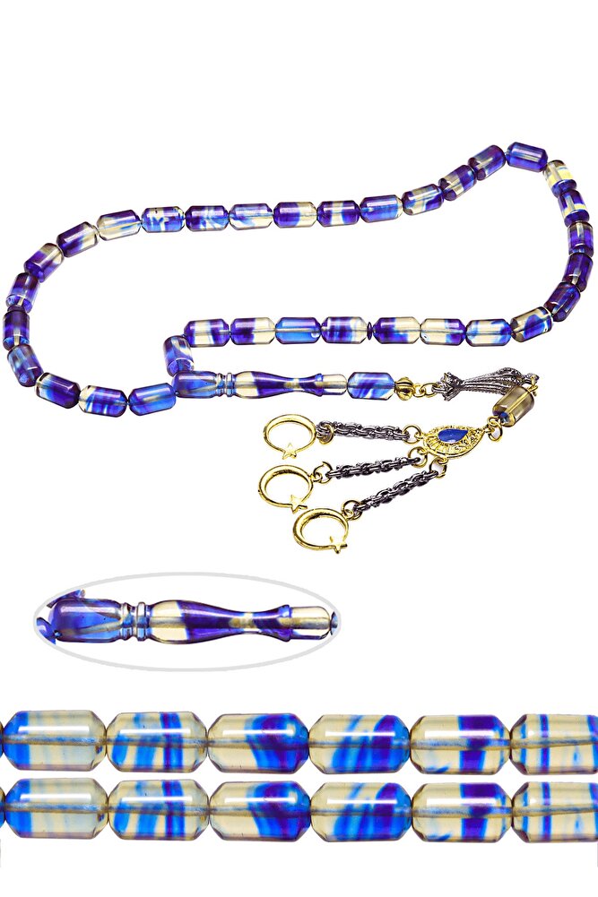 Altın Kaplama Püsküllü Mavi Şeffaf Renkli Hareli Ateş Kehribar Tesbih