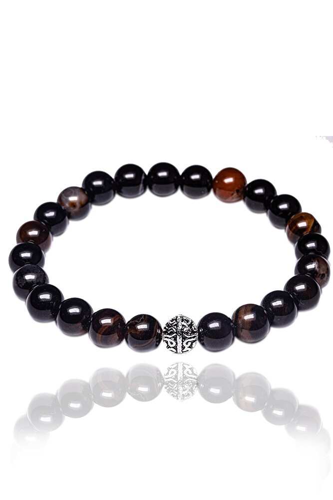 Gümüş Aparatlı Doğal Siyah Akik Taşı Bileklik