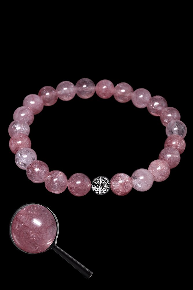 Sertifikalı Hakiki Pembe Renk Gül Rose Kuvars Taşı Bileklik (GÜMÜŞ APARATLI)