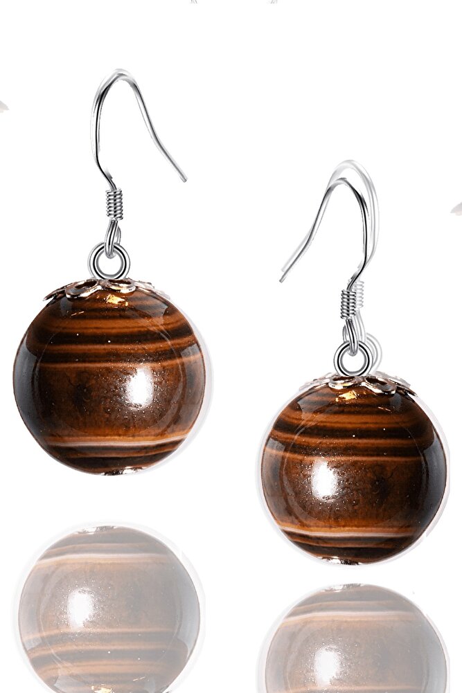 Sertifikalı Gerçek Doğal Kahverengi Akik Taşı Gümüş Küpe