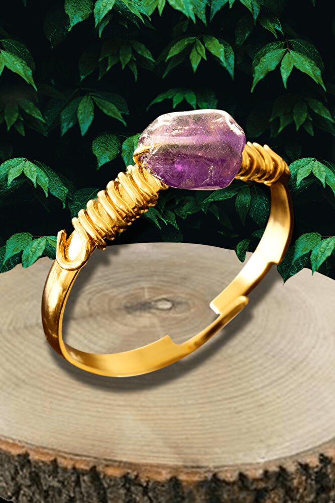 Sertifikalı Kırık Taşlı Gold Model Ametist Taşı Yüzük - Ayarlamalı