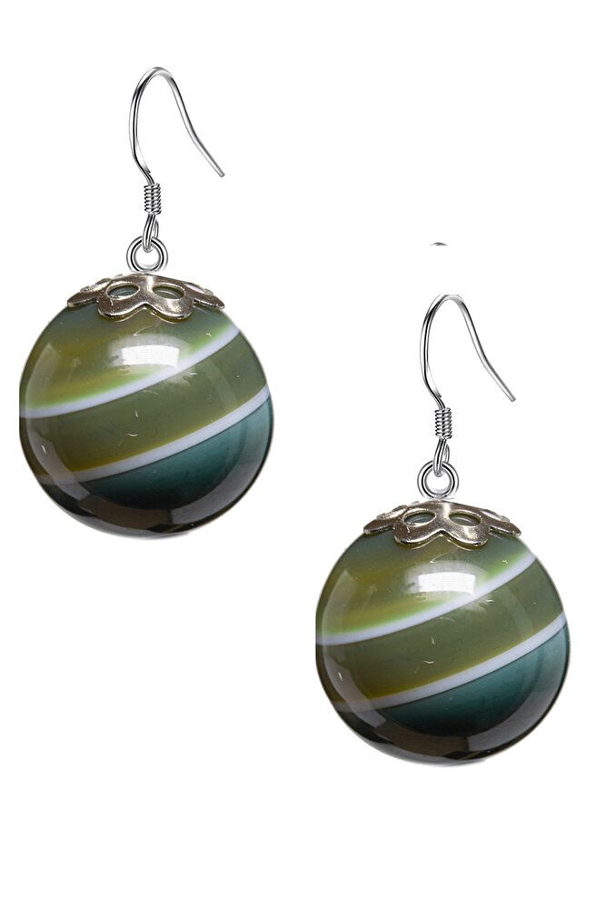 Sertifikalı Çizgili Yeşil Akik Taşlı Doğal Taş Küpe