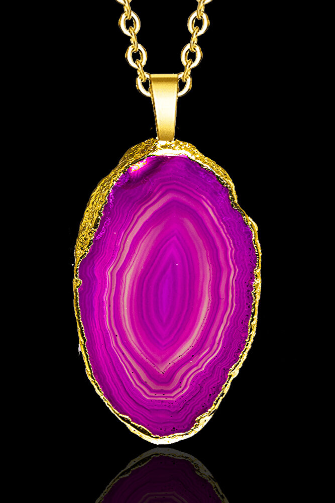 Sertifikalı Ham Pembe Akik Taşı Plaka Kolye - 24k Altın Kaplama