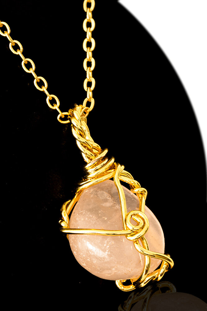 Sertifikalı Gold Renkli Doğal Tel Sargılı Pembe Kuvars Taşı Kolye – Sevgi ve Şefkat Taşı