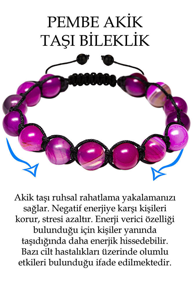 Sertifikalı Parlak Pembe Akik Taşı Bileklik - Makrome