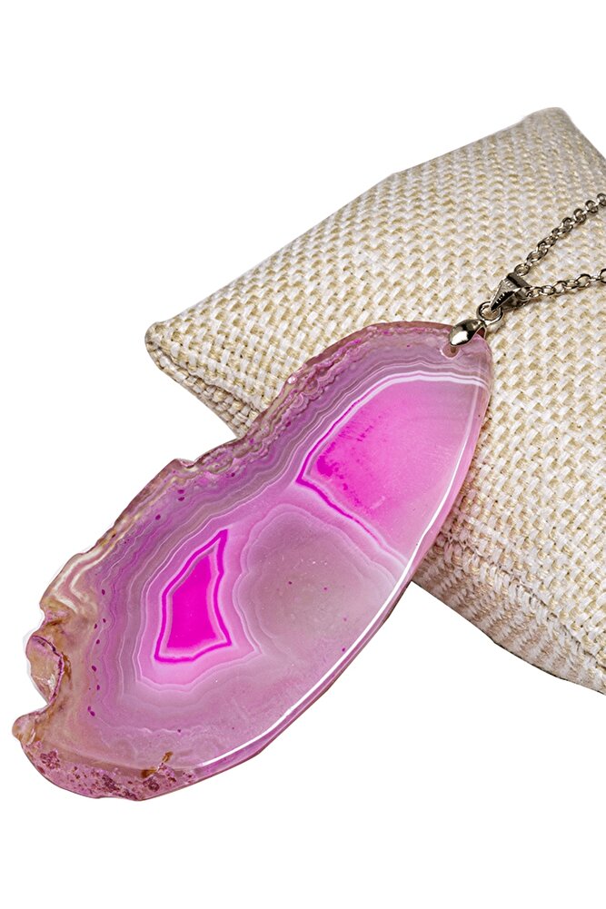 Sertifikalı Gümüş Aparatlı Doğal Pembe Akik Taşı Plaka Kolye