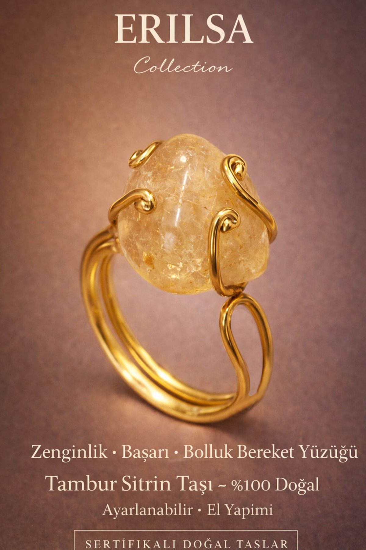 Sertifikalı Zenginlik Başarı Bolluk Bereket Yüzüğü – Tambur Sitrin Taşı Ayarlanabilir El Yapımı