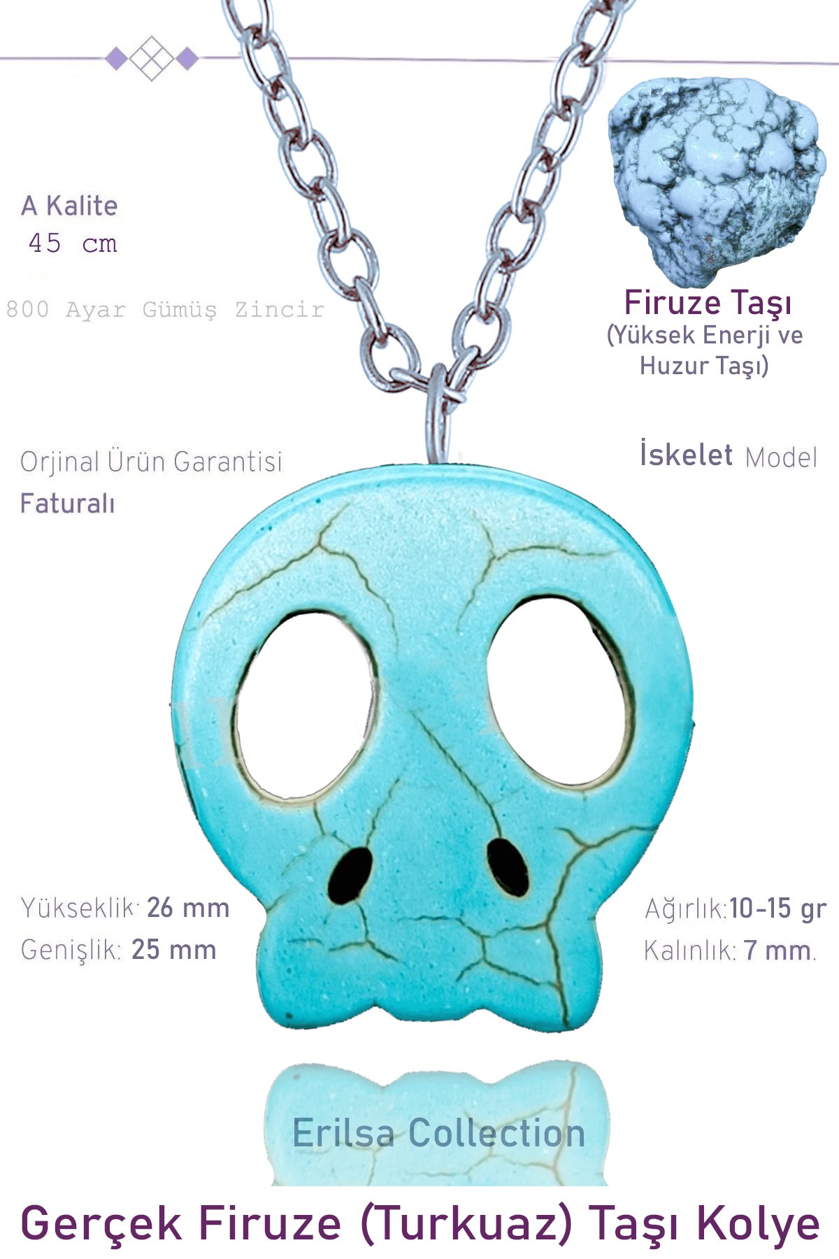 Sertifikalı İskelet Model Gerçek Firuze - Turkuaz Taşı Kolye