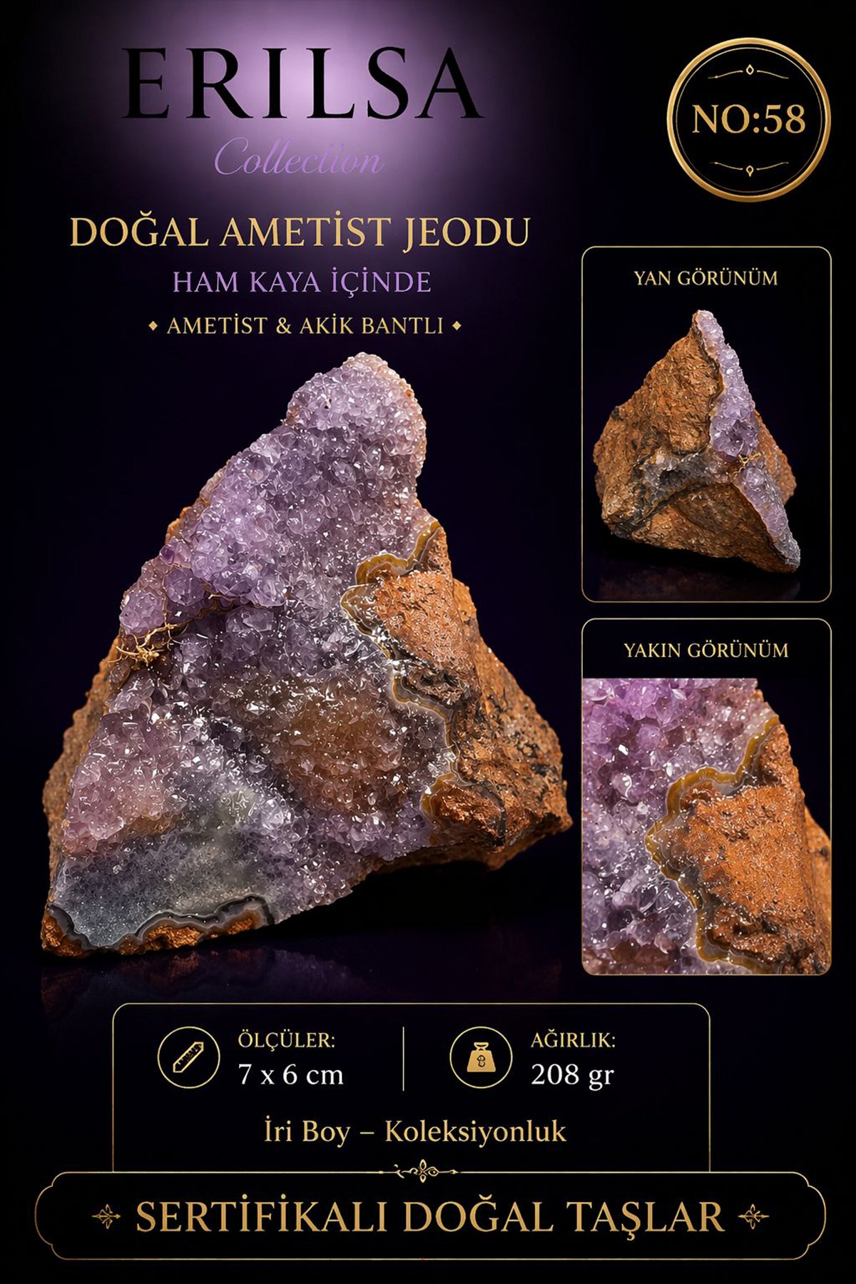 Sertifikalı Doğal Ametist Jeodu Akik Bantlı Kristal Kaya Parçası NO58