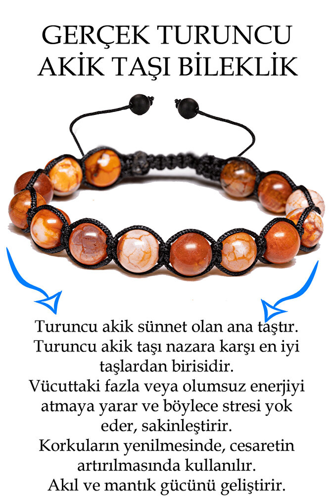 Sertifikalı Turuncu Beyaz Akik Taşı Bileklik - Makrome