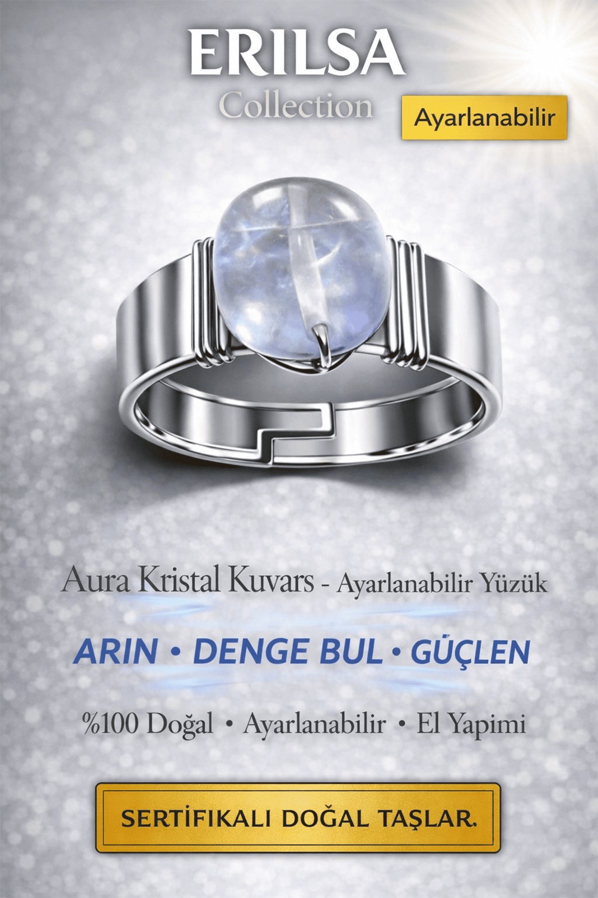 Sertifikalı Aura Kristal Kuvars Yüzük Doğal Taş Ayarlanabilir El Yapımı Şeffaf Tasarım