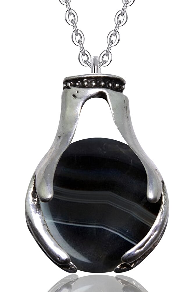 Sertifikalı El Sembolü Doğal Damarlı Siyah Akik Taşı Kolye