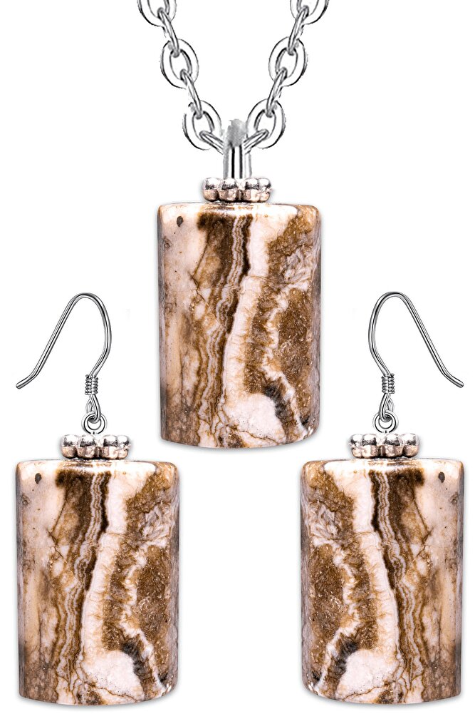 Sertifikalı Doğal Rodonit Taşı Doğal Taş Kolye Küpe Seti