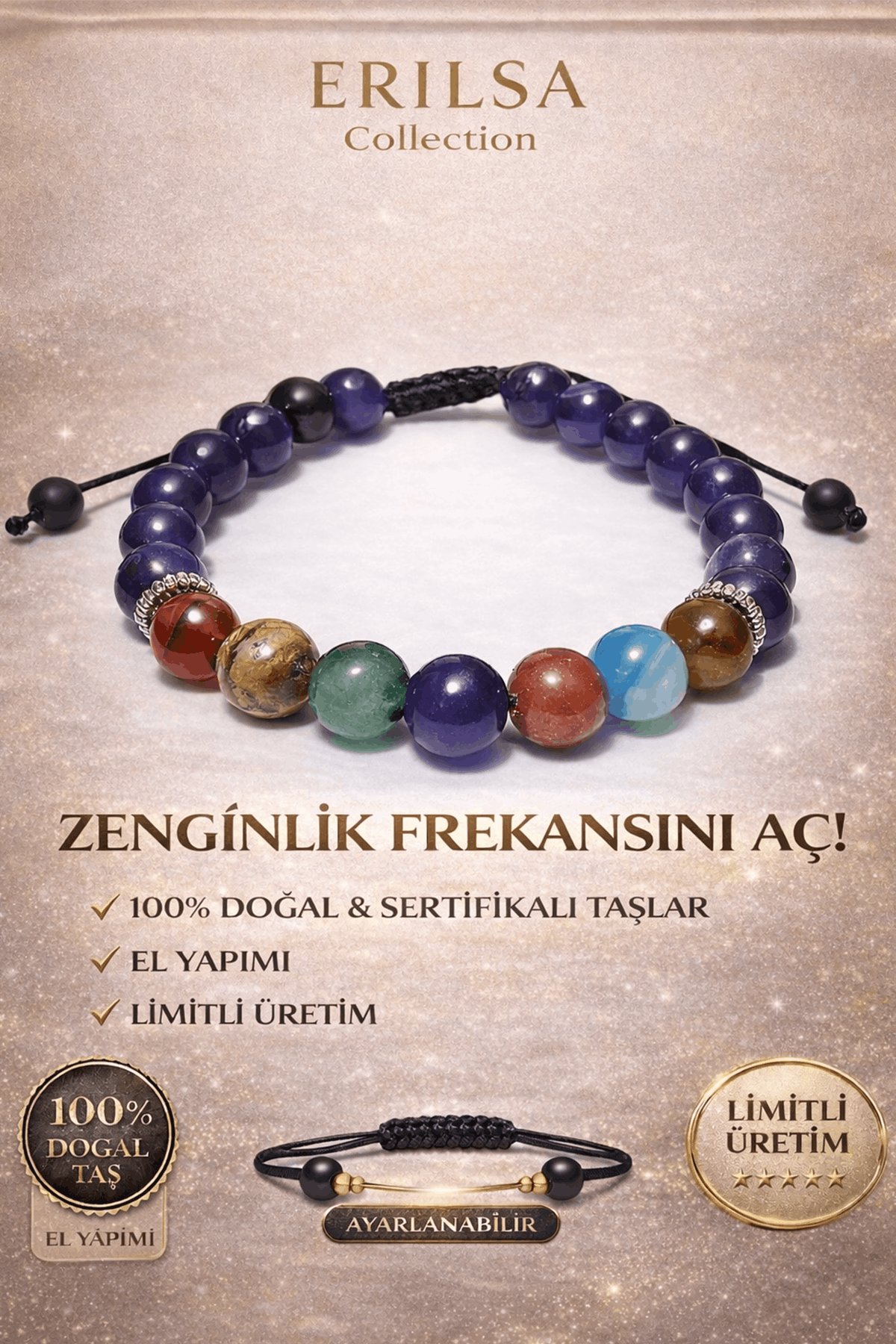 Sertifikalı Doğal Taş Zenginlik Bilekliği Ametist Yemen Akiği Jasper Florit Mavi Akik Kalsit Kuvars