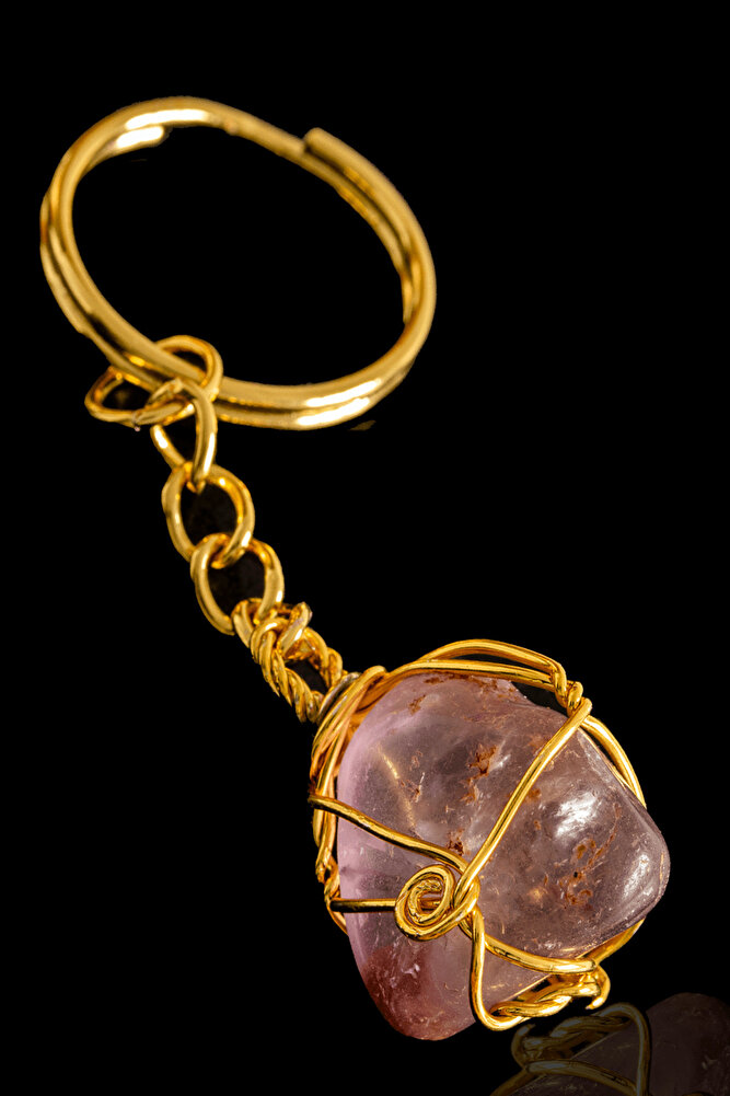 Sertifikalı Tel Sargılı Ametist Taşı Anahtarlık - Altın Kaplama