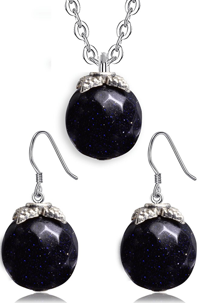 Sertifikalı Doğal Mavi Jasper Yıldız Taşı Doğal Taş Kolye Küpe Seti