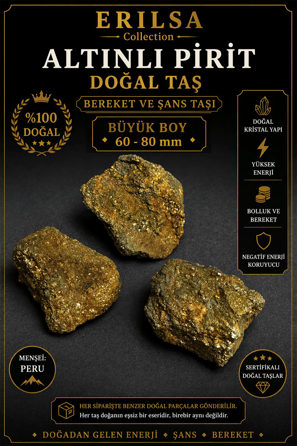 Sertifikalı Altınlı Pirit Doğal Taş Kütle - 20-40 mm Küçük Boy Ham Kaya