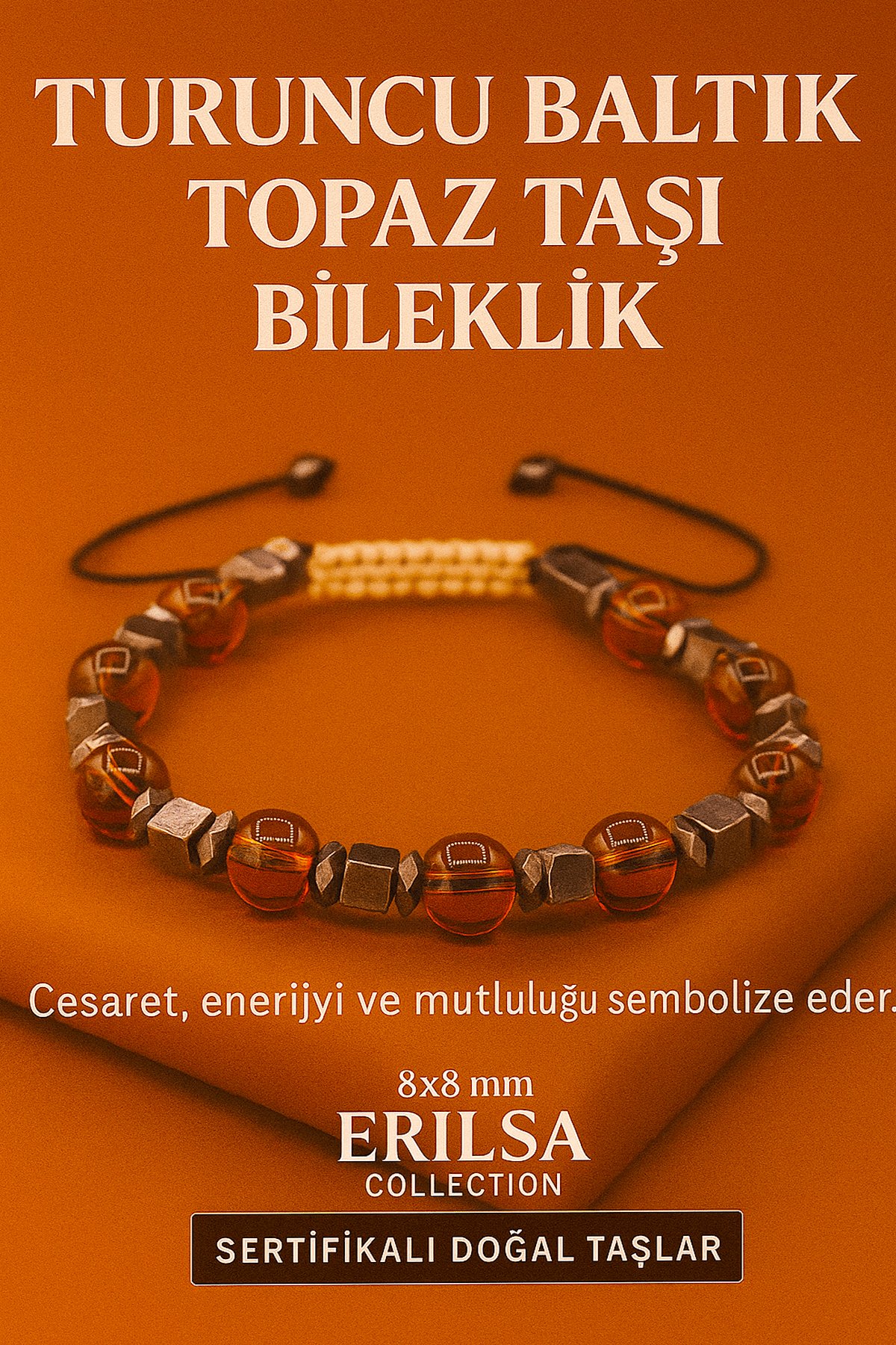 Sertifikalı Turuncu Baltık Topaz Doğal Taş Bileklik - 8x8 mm Cesaret Mutluluk ve Enerji Taşı