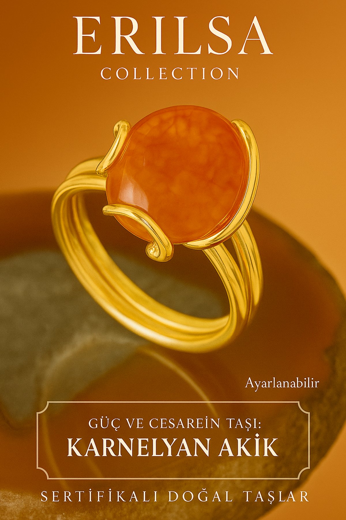 Sertifikalı Gold Rokoko Model Karneol - Karnelyan Akik Taşı Yüzük