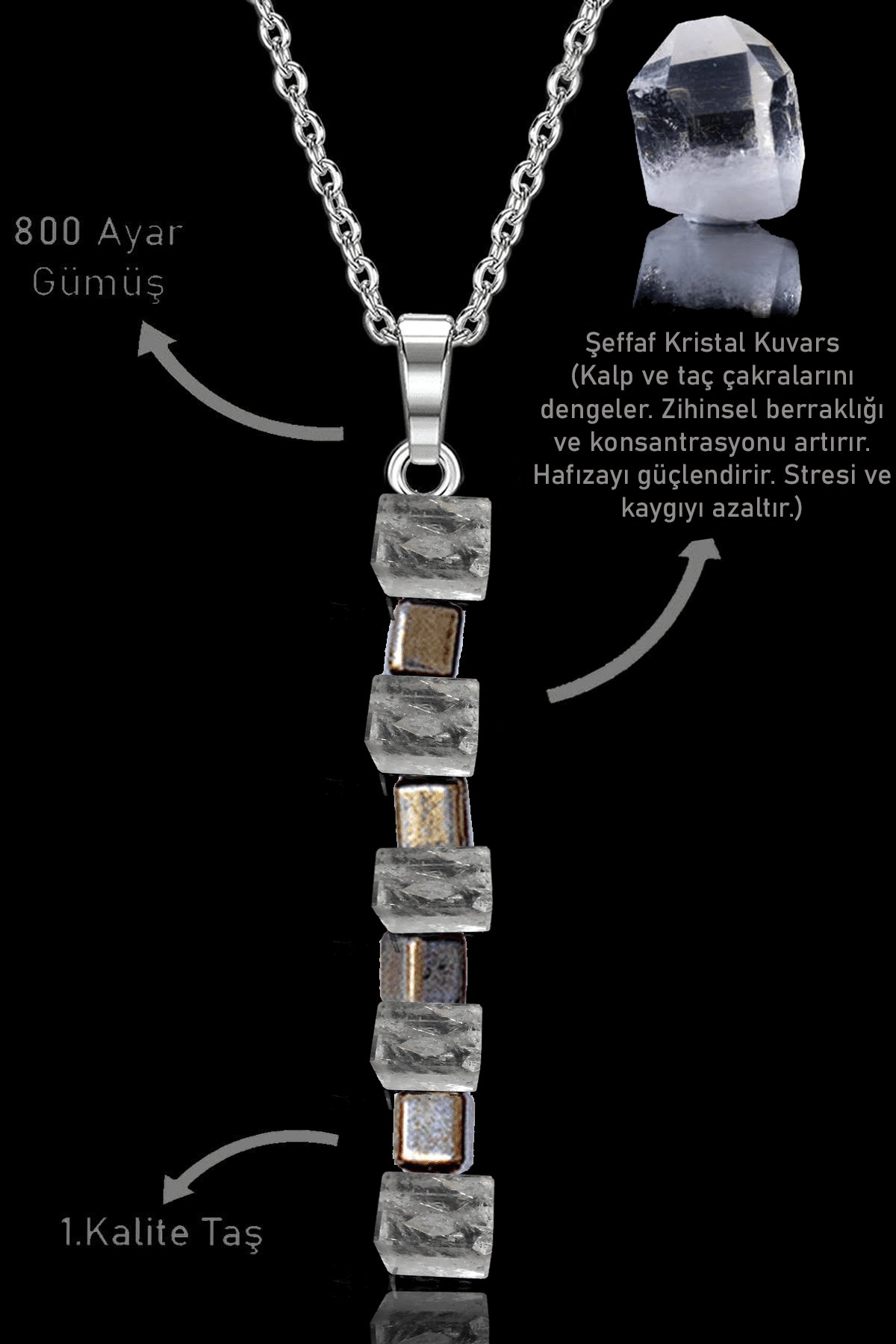 Sertifikalı Küp AAA+Kırık Taşlı Model Şeffaf Kristal Kuvars Taşı Kolye