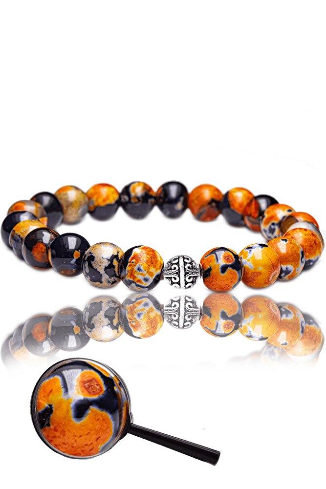 Sertifikalı Turuncu - Siyah Tibet Akiği Taşı Bileklik - Gümüş Aparatlı