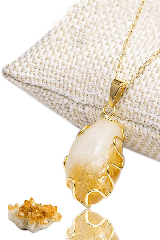 Sertifikalı 24k Altın Kaplama Doğal Sitrin Taşı Kolye