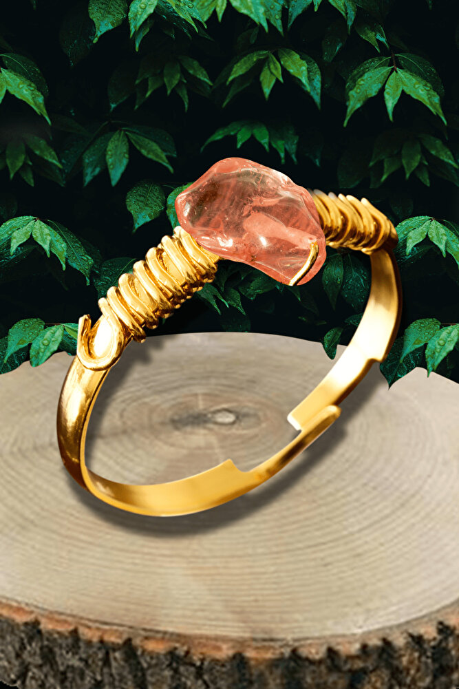 Sertifikalı Kırık Taşlı Gold Model Gül Kuvars Taşı Yüzük - Ayarlamalı