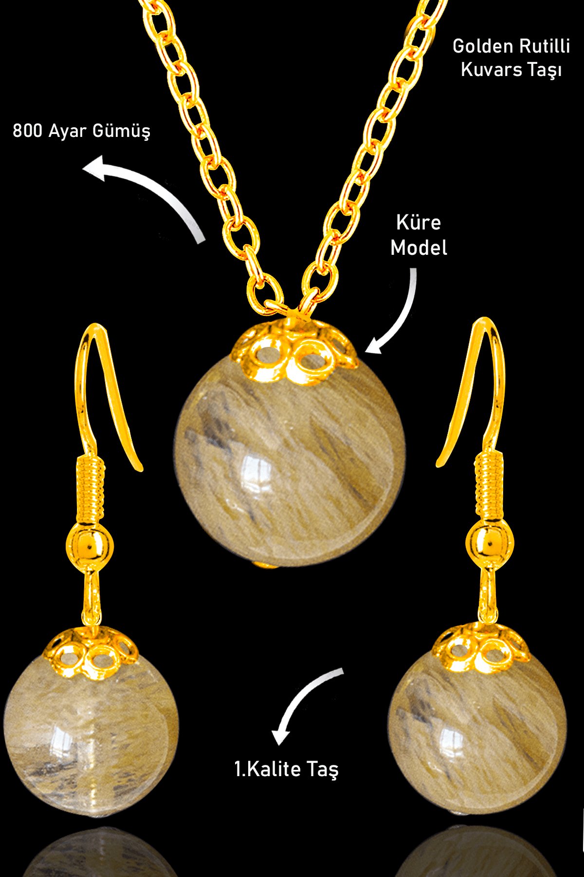 Sertifikalı Gold Küre Model Golden Rutilli Kuvars Taşı Kolye ve Küpe Seti - Gümüş Aparatlı