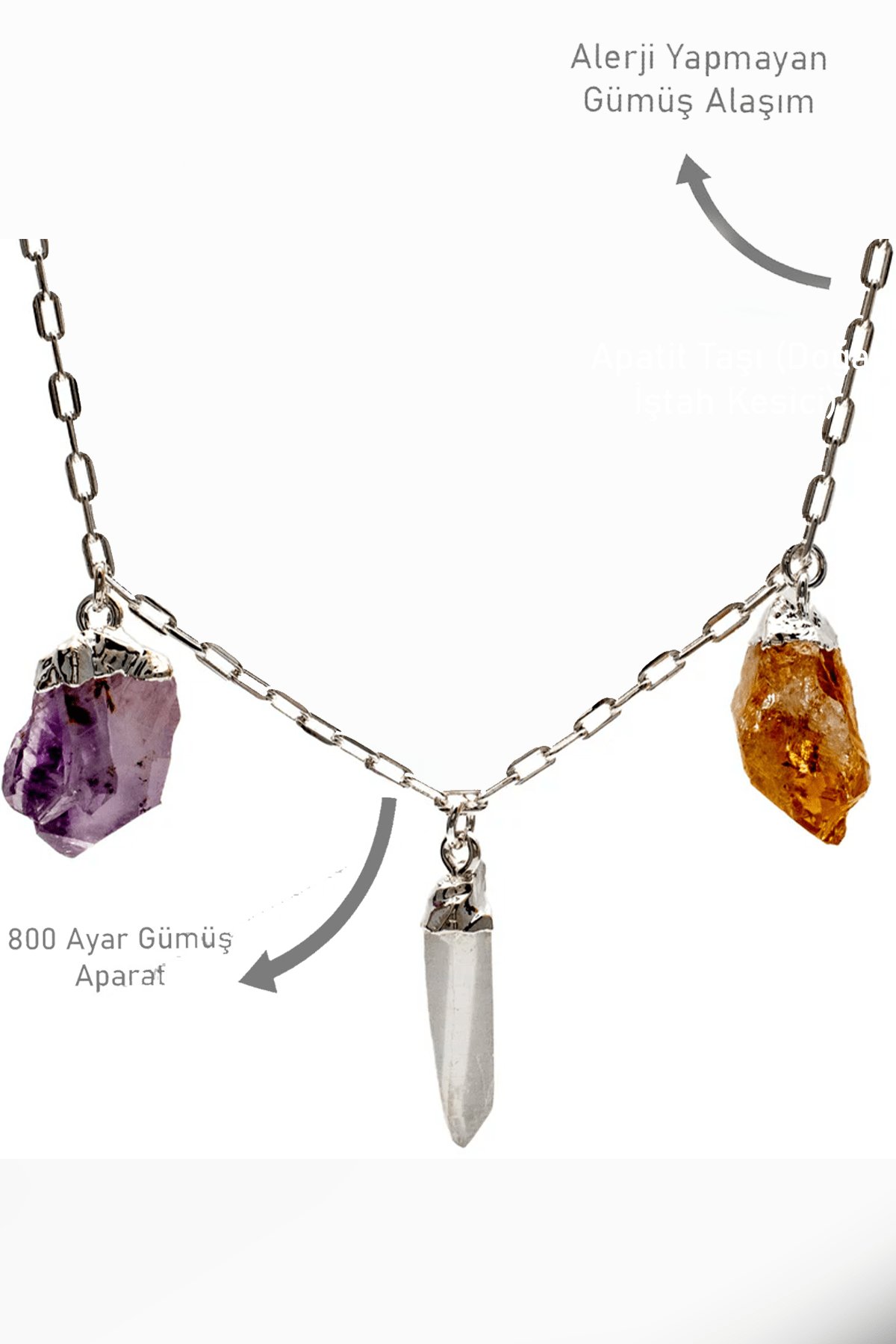 Sertifikalı Üçlü Model Ham İşlenmemiş Ametist - Kristal Kuvars - Sitrin Taşı Kolye