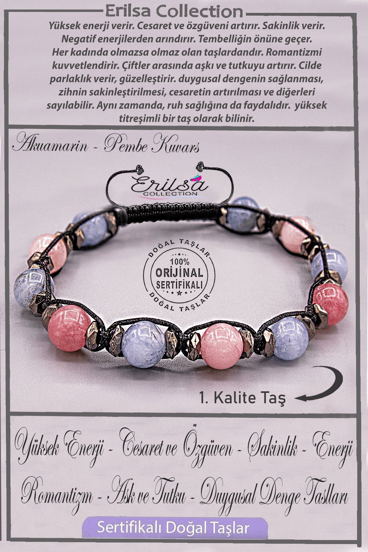 Sertifikalı AAA+ Kalite Gerçek Terahertz - Akuamarin - Pembe Kuvars Taşı Bileklik