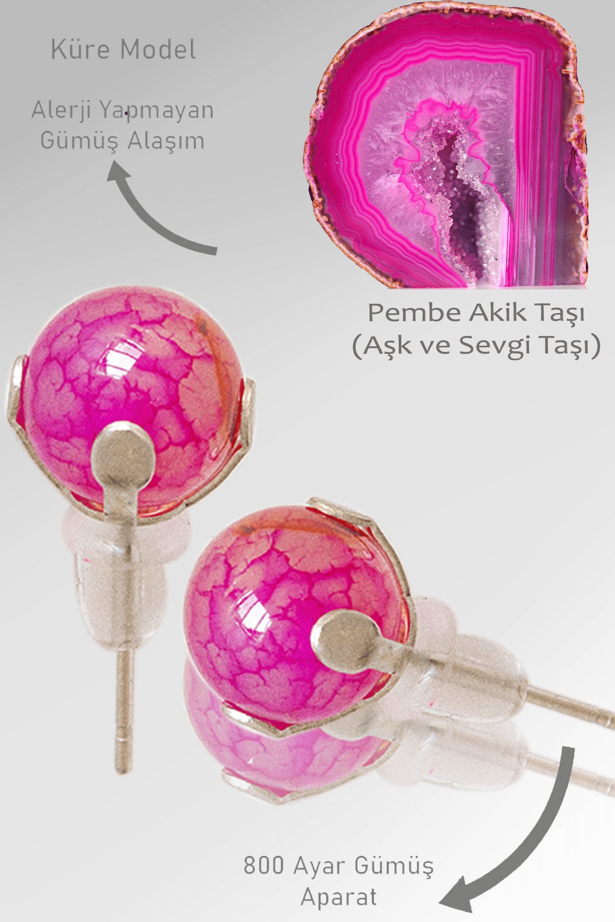 Sertifikalı Gerçek Pembe Akik Taşı Nokta Doğal Taş Küpe