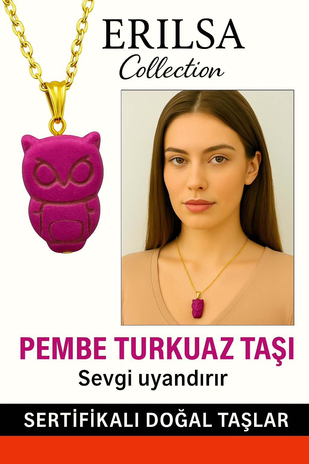 Sertifikalı Gold Baykuş Model Pembe Turkuaz Taşı Kolye Sevgi ve Huzur Verir