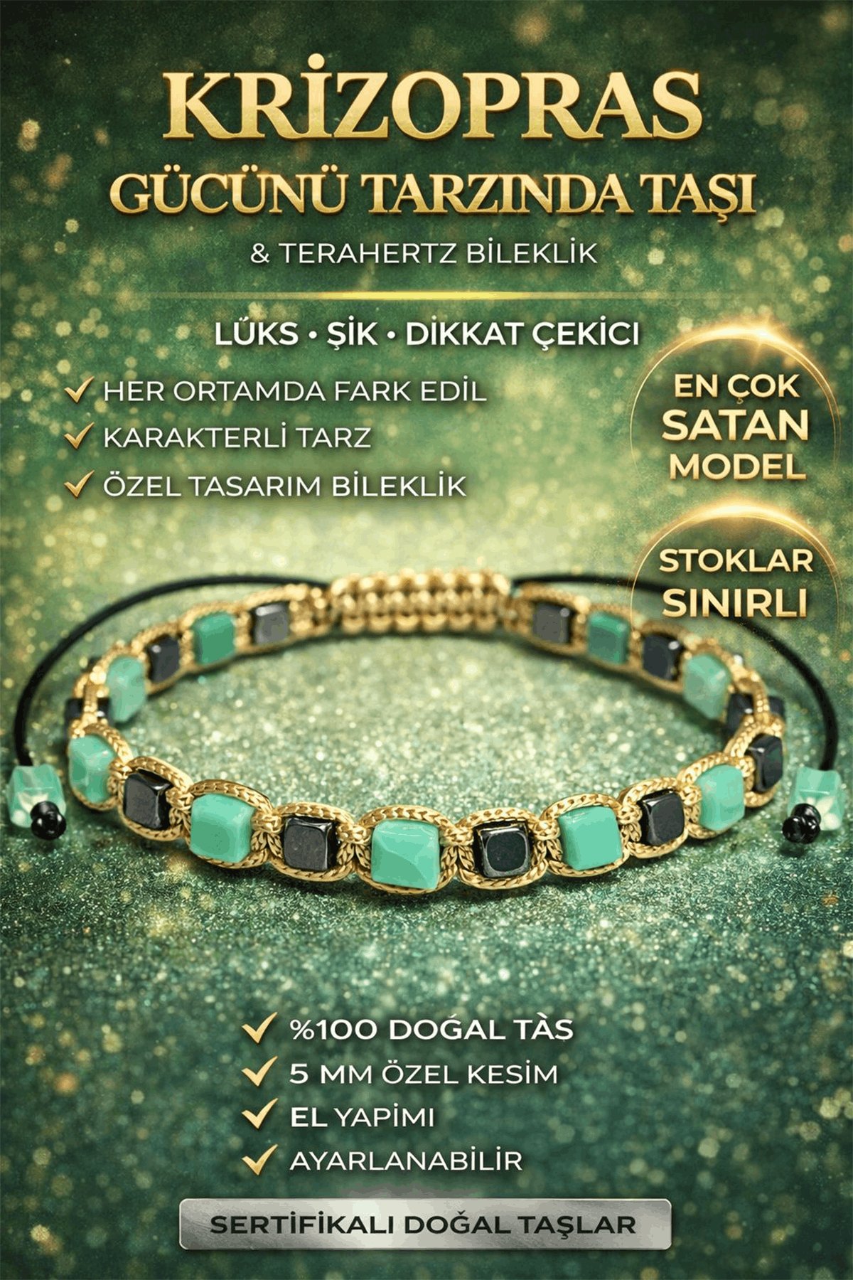 Sertifikalı Krizopras Taşı Bileklik - 5 mm Küp Kesim Terahertz Doğal Taş Ayarlanabilir Unisex