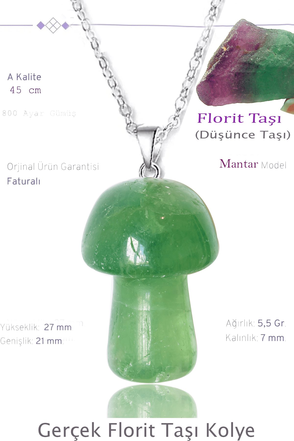 Sertifikalı Mantar Model Florit Taşı Kolye - Gümüş Aparatlı